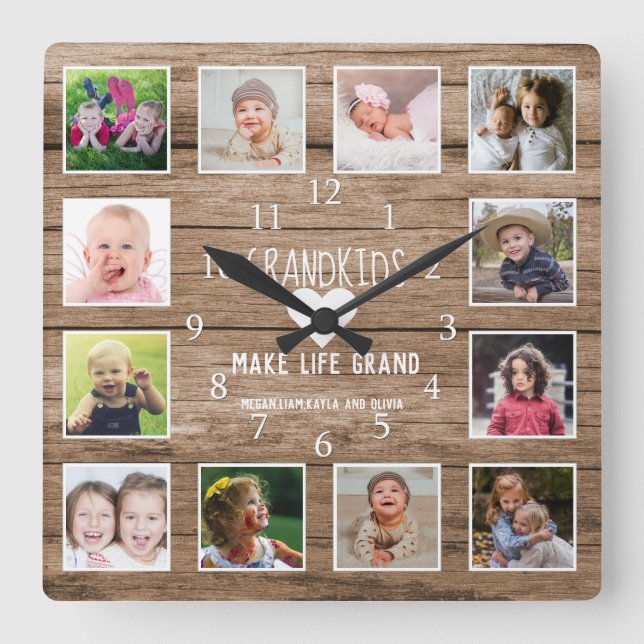 Foto Collage Grandkids machen Life Grand Quote Woo Quadratische Wanduhr (Vorderseite)