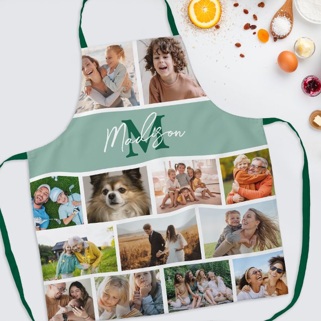 Foto Collage Green Monogram Schürze (Von Creator hochgeladen)