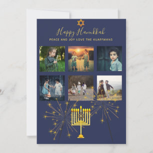 Foto Collage Hanukkah Modern Blue Mauve Gold Feiertagskarte