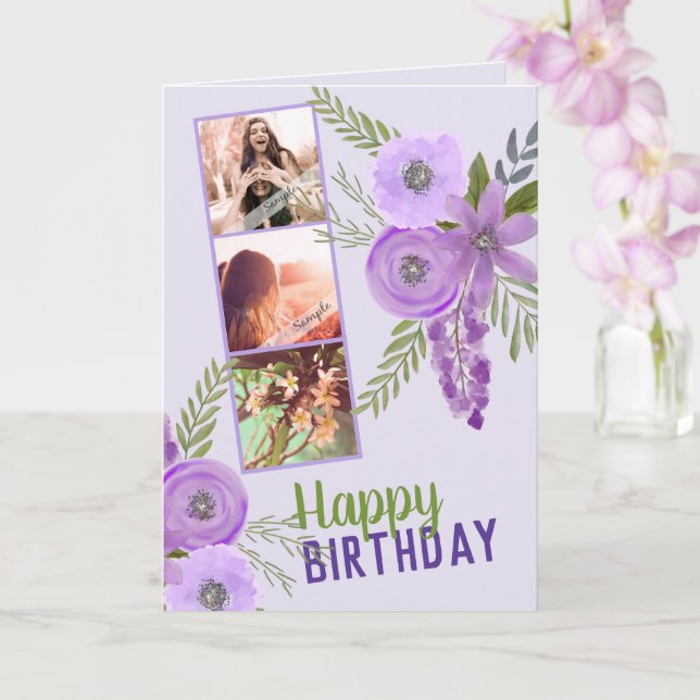 Foto Collage "Happy Birthday" Violet Lila Karte (Orchidee)