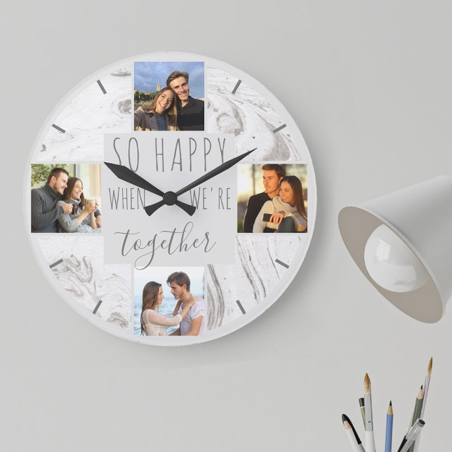 Foto Collage Happy Together Zitat Modernes Marmor Große Wanduhr (Romantic couples photo clock, lovely gift for new  home, engagement, wedding anniversary ...)