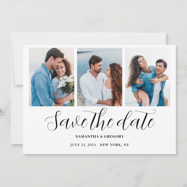 Foto Collage Hochzeitssackkarte Save the Date (Vorderseite)