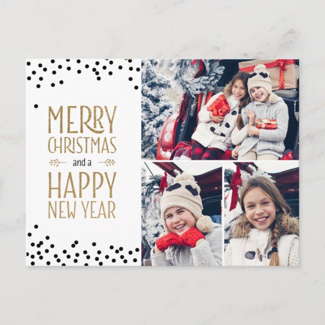 Foto Collage Holiday Card Design White Black Gold Postkarte (Vorderseite)