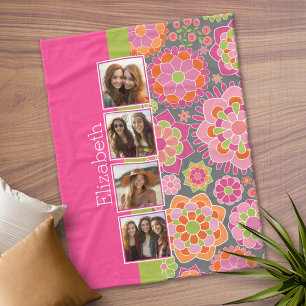 Foto-Collage Hot Pink Orange Funky Blumen Fleecedecke
