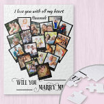 Foto Collage Liebe, die Sie heiraten Puzzle<br><div class="desc">Heart Shaped Foto Collage Puzzle mit 20 Ihrer Lieblings-Fotos. Wird You Marry Me? in eleganter Wirbler Kalligraphie geschrieben und Ihre Fotos werden in quadratischer Form auf Momentaufnahme-Hintergründen in einer bildlichen Montage in Herzform dargestellt. Du kannst auch oben deinen personalisierten Text hinzufügen, wie z.B., ich Liebe dich mit meinem ganzen Herzen...</div>