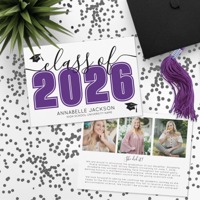 Foto-Collage Lila Abschlussfeier Ankündigung (Photo Collage Purple Graduation Announcement)