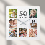 Foto-Collage Meilenstein für die Geburtstagsfamili Quadratische Wanduhr<br><div class="desc">Eine Wanduhr als Geschenk für einen 50. Geburtstag (oder jeden Alters) für eine Frau,  die ihr Leben mit einer Collage von 7 Ihrer Fotos feiert.  Personalisieren und fügen Sie einen Namen,  Alter 50 und ein Datum.  Geburtsdatum oder das Datum des Jahrestages.  Schwarz-Graue Buchstaben.  Ein schick weißer Hintergrund.</div>