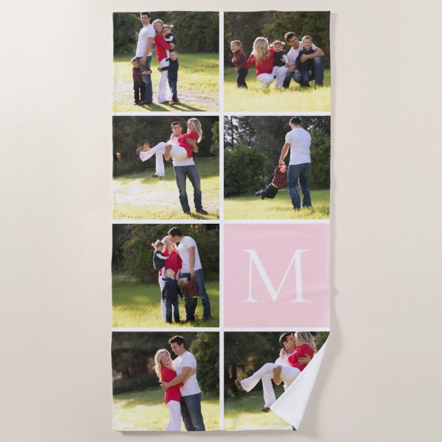 Foto-Collage mit 7 Fotos, Monogramm Rosa Strandtuch (Vorderseite)