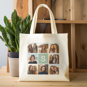 Foto-Collage mit individuellem Monogramm Mintgrün Tragetasche