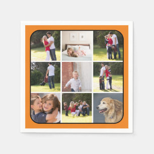 Foto-Collage mit neun Fotos und orangefarbener Gre Serviette
