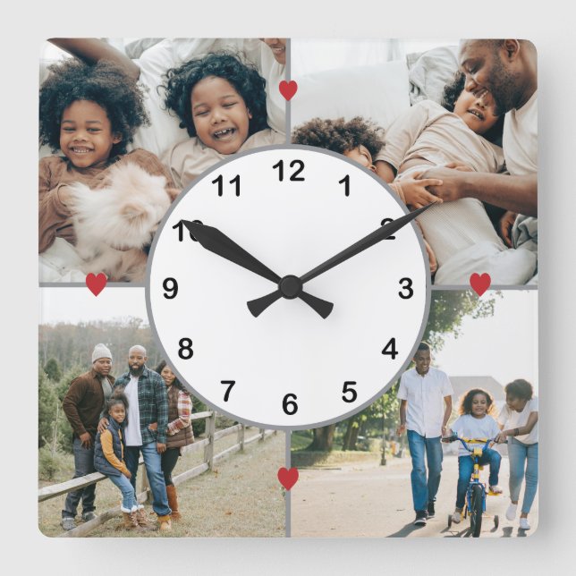 Foto Collage mit niedlichen Herzen Quadratische Wanduhr (Vorderseite)