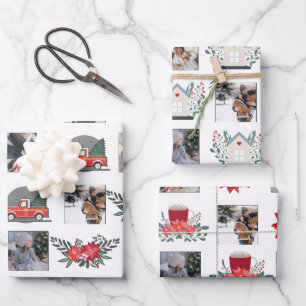 Foto Collage mit Weihnachtspoinsettia und Dekorati Geschenkpapier Set
