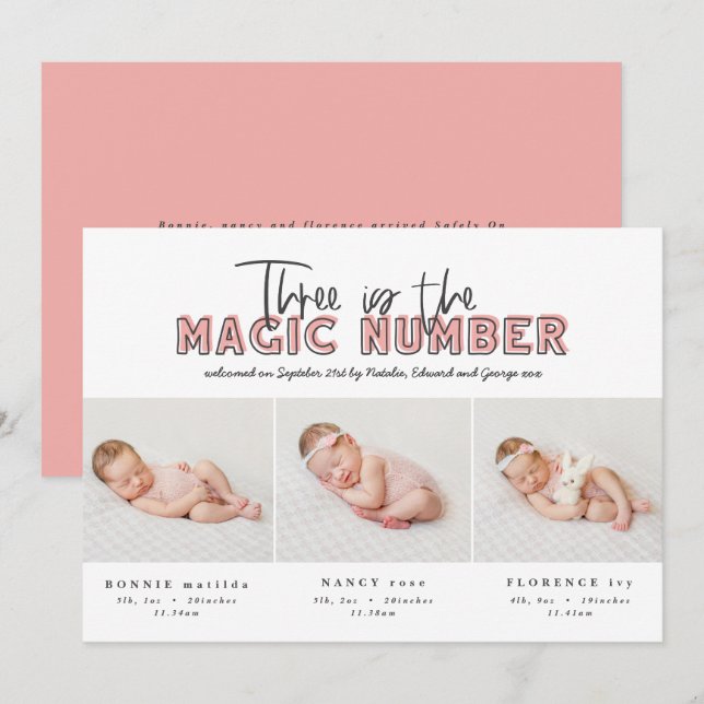 Foto Collage moderne Triole Geburtsankündigung Ankündigung (Vorne/Hinten)