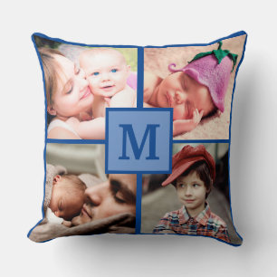 Foto Collage Monogram Personalize Blue Pictures Kissen