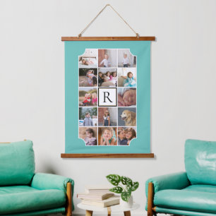 Foto Collage monogramm gekrümmte Ecken aquamarin Wandteppich Mit Holzrahmen