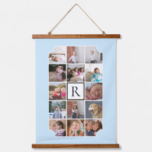 Foto Collage monogramm gekrümmte Ecken hellblau Wandteppich Mit Holzrahmen