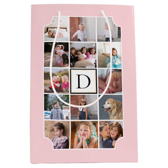 Foto Collage monogramm gekrümmte Ecken rot Rosa Mittlere Geschenktüte (Vorderseite)