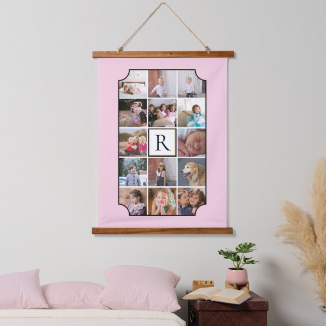 Foto Collage monogramm gekrümmte Ecken rot Rosa Wandteppich Mit Holzrahmen (Schlafzimmer)