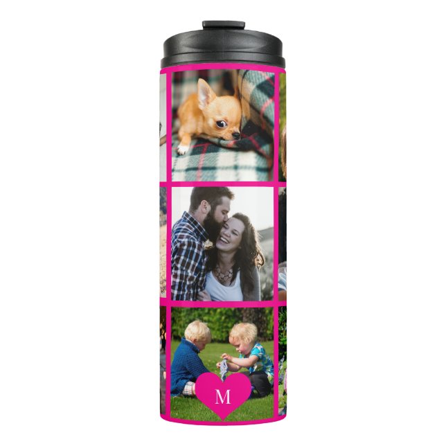 Foto Collage Monogramm personalisiert modern rosa Thermosbecher (Vorderseite)