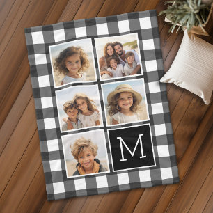 Foto-Collage-Monogramm Weiß Schwarz Büffel-Karo Fleecedecke