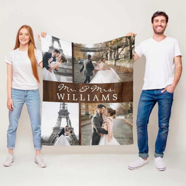 Foto Collage Mr & Mrs. Newlywed Monogram Dark Wood Fleecedecke (Beispiel)