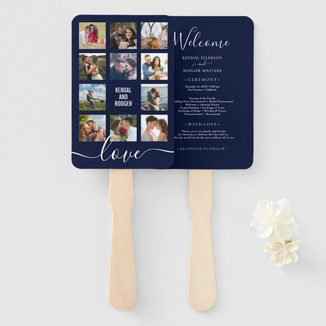 Foto Collage Navy Blue Wedding Programm Fächer (Vorne und Hinten)