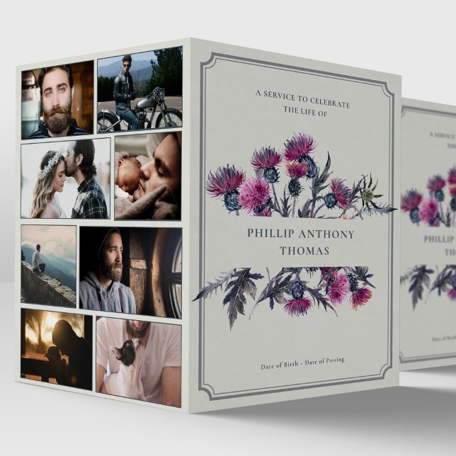 Foto Collage Obituary Scottish Thistle Funerary Programm (Scottish Thistle Photo Montage Sympathy Order of Service Funeral Program)