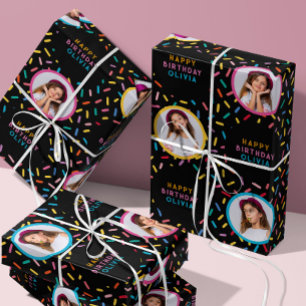 Foto Collage Rainbow Sprinkles Happy Birthday Geschenkpapier Set