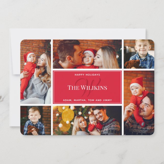 Foto Collage Red Christmas Family Monogram Karte (Vorderseite)