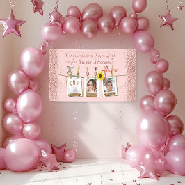 Foto Collage Rose Gold Glitzer Sweet 16 Geburtstag Banner