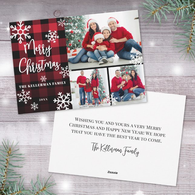 Foto Collage Rot Kariert Frohe Weihnachten (Photo Collage Red Plaid Merry Christmas Holiday Card)