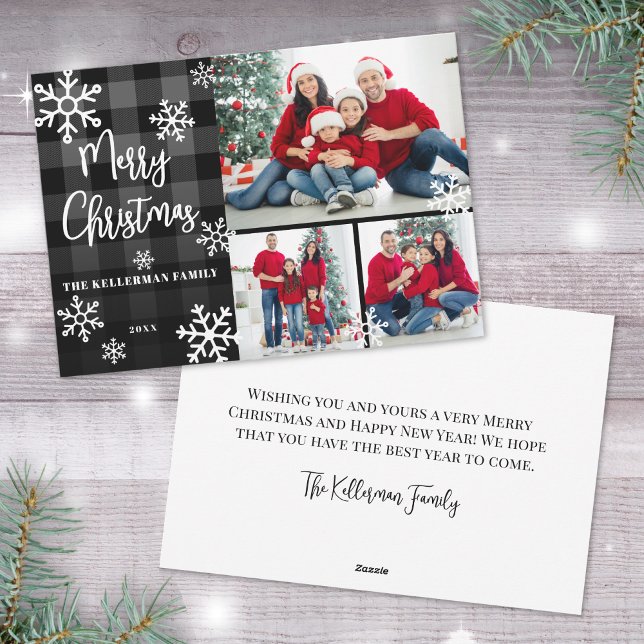 Foto Collage Schwarz Kariert Frohe Weihnachten (Photo Collage Black Plaid Merry Christmas Holiday Card)