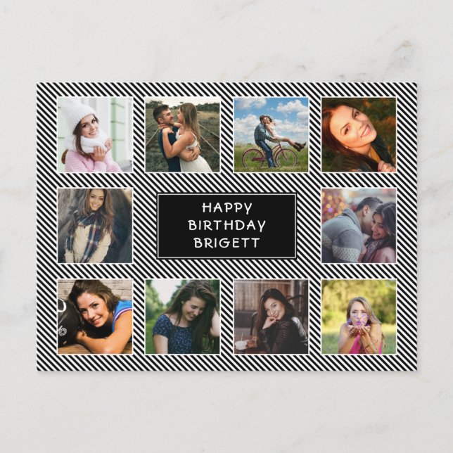 Foto Collage Schwarz und Weiß Streifen Geburtstag Postkarte (Vorderseite)