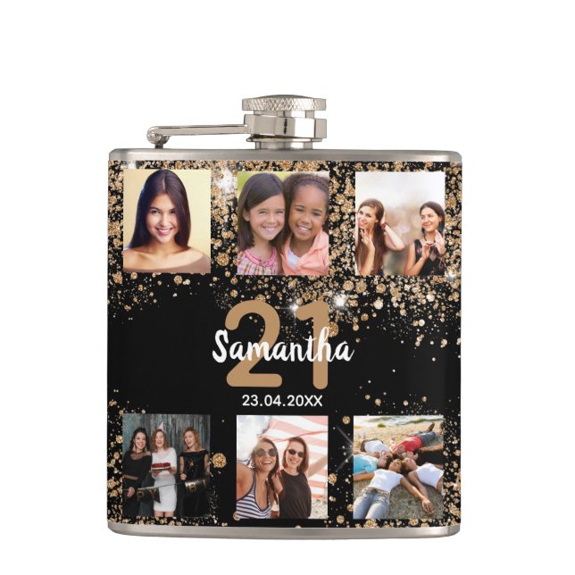 Foto-Collage schwarzes Gold Glitzer Name Flachmann (Vorderseite)