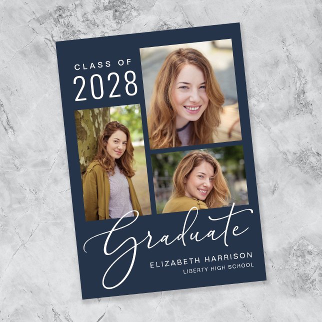 Foto Collage Script Blue Abschluss Ankündigung (An elegant photo collage graduation announcement to celebrate the graduate's achievements)