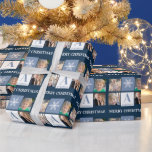 Foto Collage Snowflake Blue Monogram Christmas Geschenkpapier<br><div class="desc">Dieses Weihnachtsgeschenkpapier enthält 4 quadratische Fotorahmen auf dunkelblauem Hintergrund. Das Design ist mit einer Schneeflocke,  einem maßgeschneiderten Monogramm und dem Text "Frohe Weihnachten" betont. Mit diesem festlichen und lustigen Packpapier personalisierte deine Geschenke in dieser Saison.</div>