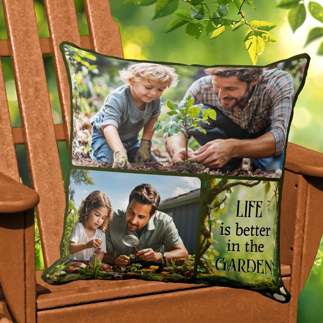 Foto-Collage Spaß im Garten  Kissen (Pillow featuring a family photo collage with a green garden theme)