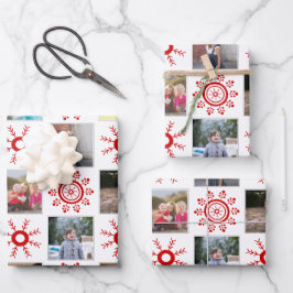 Foto Collage und Rote Schneeflocken Weihnachten Geschenkpapier Set