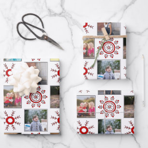 Foto Collage und Rote Schneeflocken Weihnachten Geschenkpapier Set