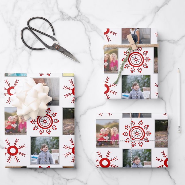 Foto Collage und Rote Schneeflocken Weihnachten Geschenkpapier Set (Vorderseite)