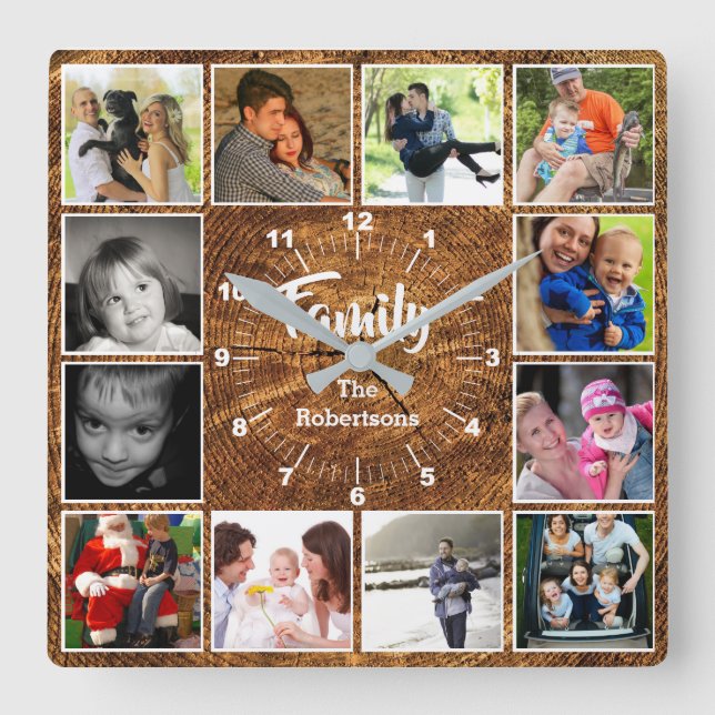 Foto Collage Wall Clock der Familie - Baumreife Quadratische Wanduhr (Vorderseite)