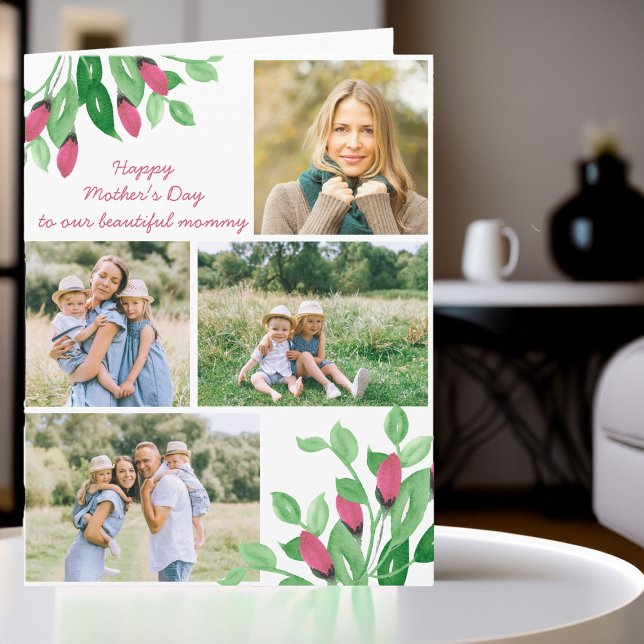 Foto Collage Watercolor Soft Floral Editable Card Karte (Photo collage mother's day card with floral accents)