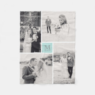 Foto-Collagen-Hochzeit des Türkis-Blau-Monogramm- Fleecedecke