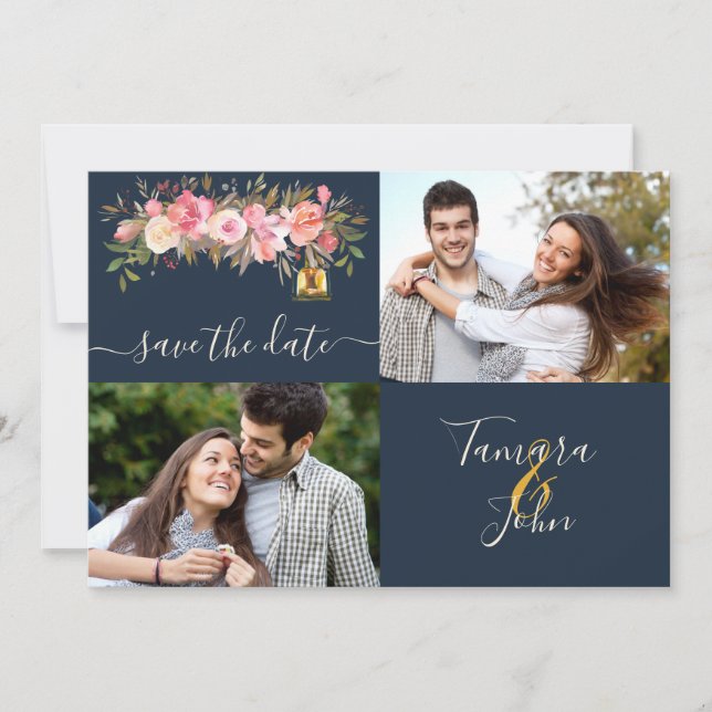 Foto Coral Floral Lights Navy Save the Date Einladung (Vorderseite)