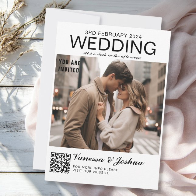 Foto Cover Magazin QR Code Hochzeit Einladung (Photo Cover Magazin QR Code Wedding Invitation, white, trendy, minimal.)