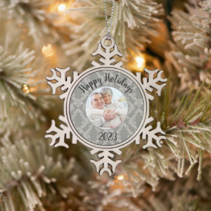 Foto Damask Happy Holidays Year Schneeflocken Zinn-Ornament