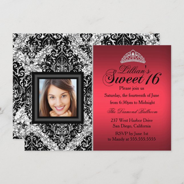 Foto Damask Red and Black Glitzer Sweet 16 Einladung (Vorne/Hinten)