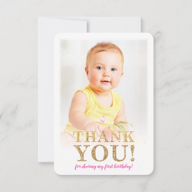 FOTO DANKEN SIE niedlich Gold Glitzer Rosa Aquarel Dankeskarte (Vorderseite)