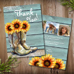 Foto Dankeschön an die rustikalen Sonnenblumenstie Dankeskarte<br><div class="desc">Foto Dankeschön Rustic Country Western Sonnenblumen Boots Cards zeigt eine Aquarellbilder von Cowgirl Stiefel gefüllt mit Sonnenblumen mit dem Text "Danke" in der modernen Schrift Typografie und personalisiert mit Ihrer eigenen Nachricht und drei Fotos auf der Rückseite. Von Evco Studio entworfen www.zazzle.com/store/evcostudio</div>