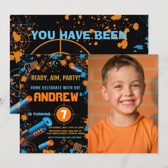 Foto Dart Party Geburtstag Einladung | Dart Gun (Vorne/Hinten)